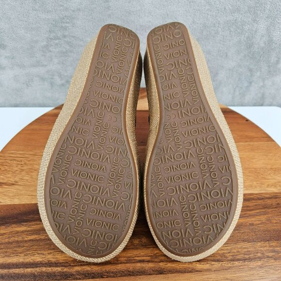 Vionic Grenada Wedge Thong Sandals 10 Black Patent Leather Woven Tan Orthopedic - Picture 12 of 14